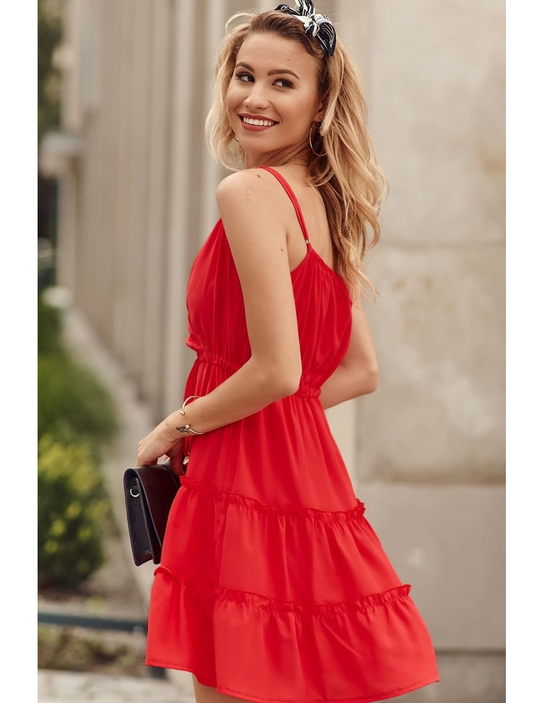 Delicate dress with a red envelope neckline PR3200 - Online store - Boutique